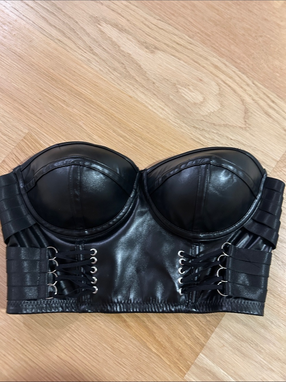 Strapless Black Faux Leather Bustier Top - Women Intimates